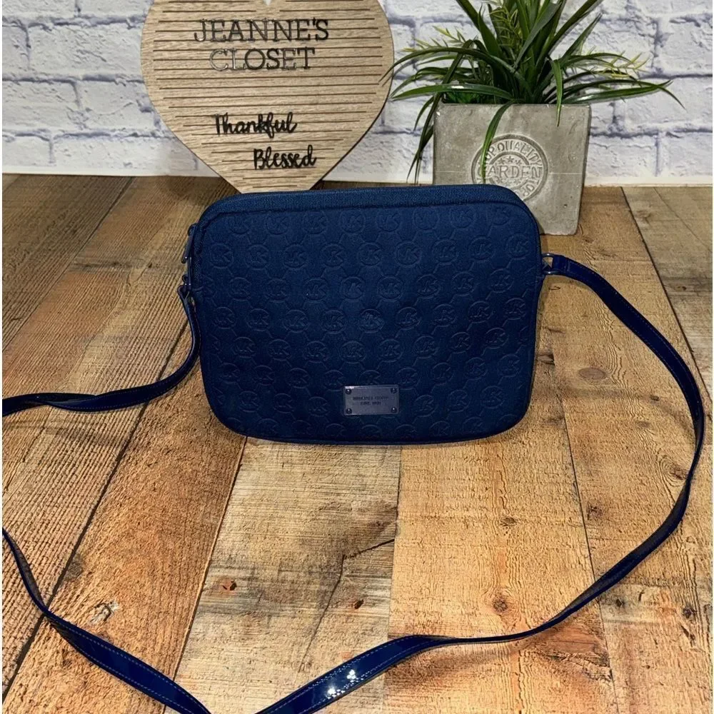 Michael Kors Mono Embossed Neoprene iPad Crossbody Purse Bag Padded blue